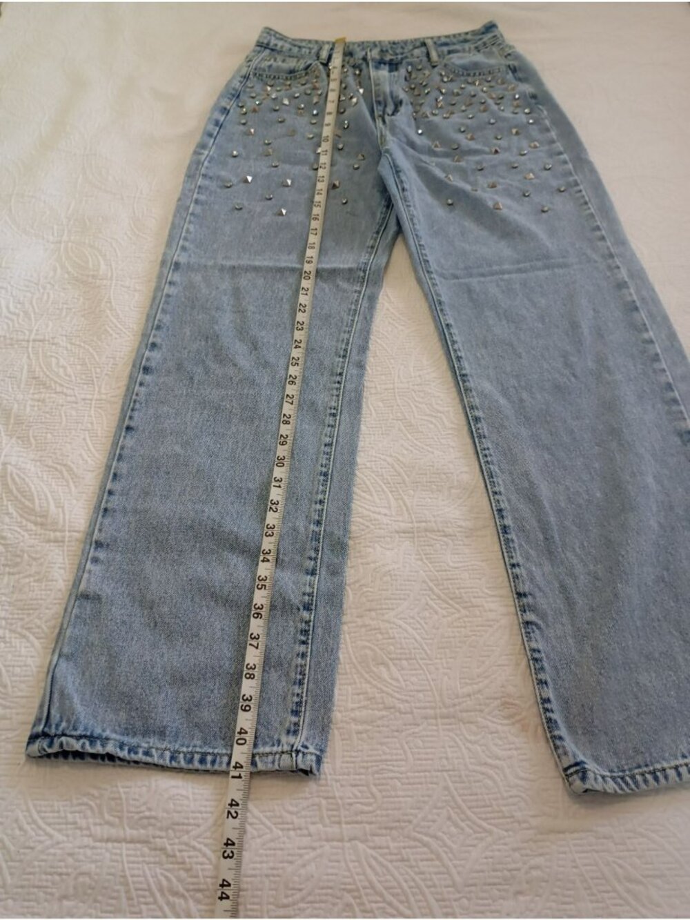 Studded Denim Jeans Rhinestone Details Size M High-Waisted Straight Leg - Picture 14 of 16